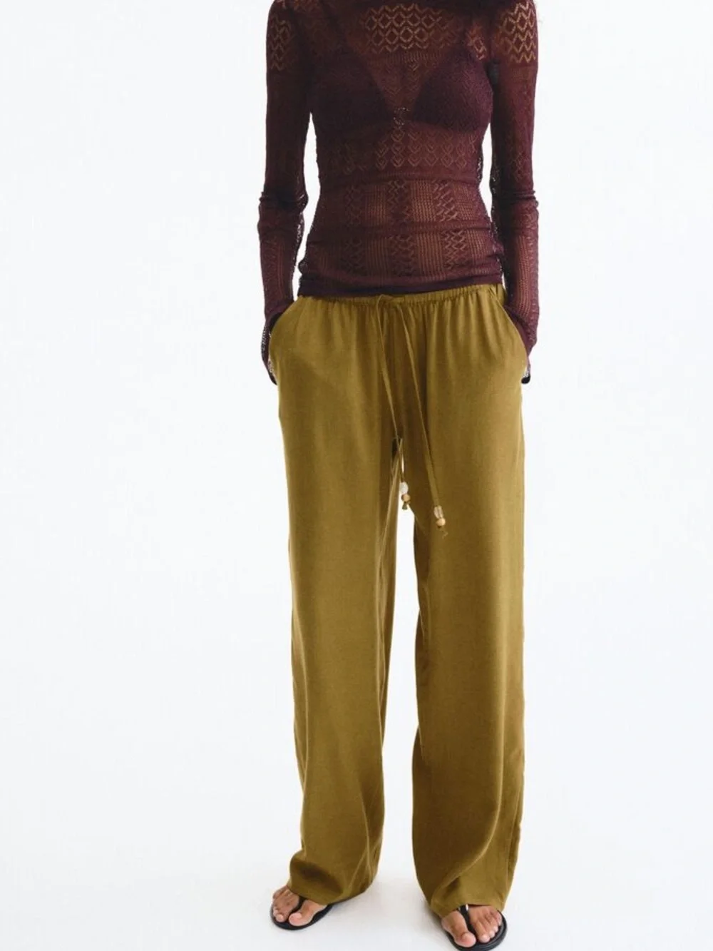 H&M Olive Green Linen Blend Drawstring Pants M